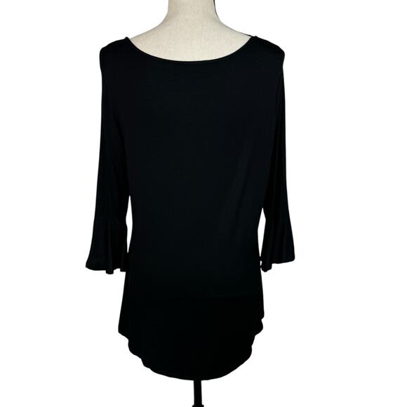 APT 9 Large Top Floral Embroidered 3/4 Bell Sleeves Stretch Wide Neckline Black - Picture 5 of 9